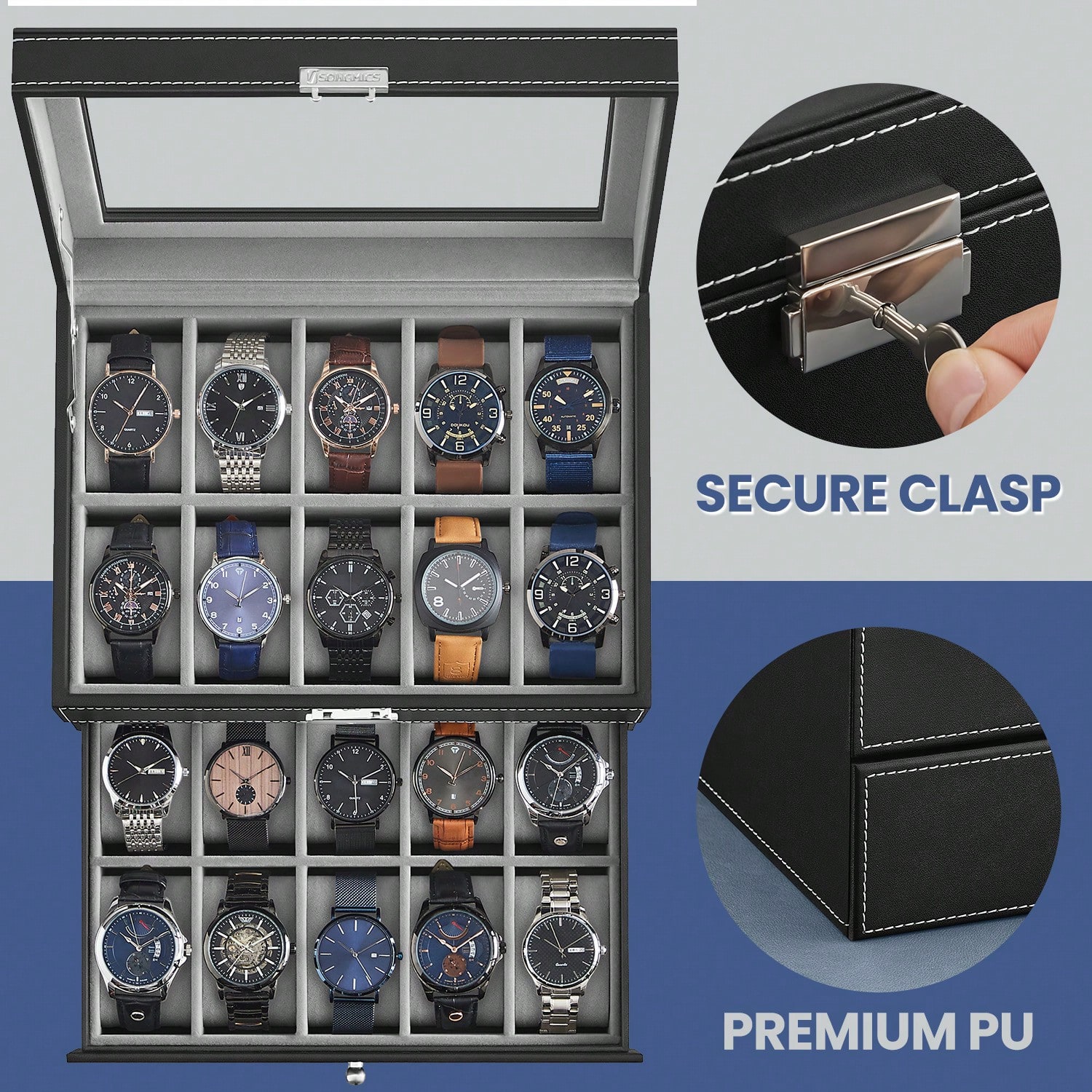 20-Slot Watch Box with Glass L - огляд і ціна Jewelry Watches Men